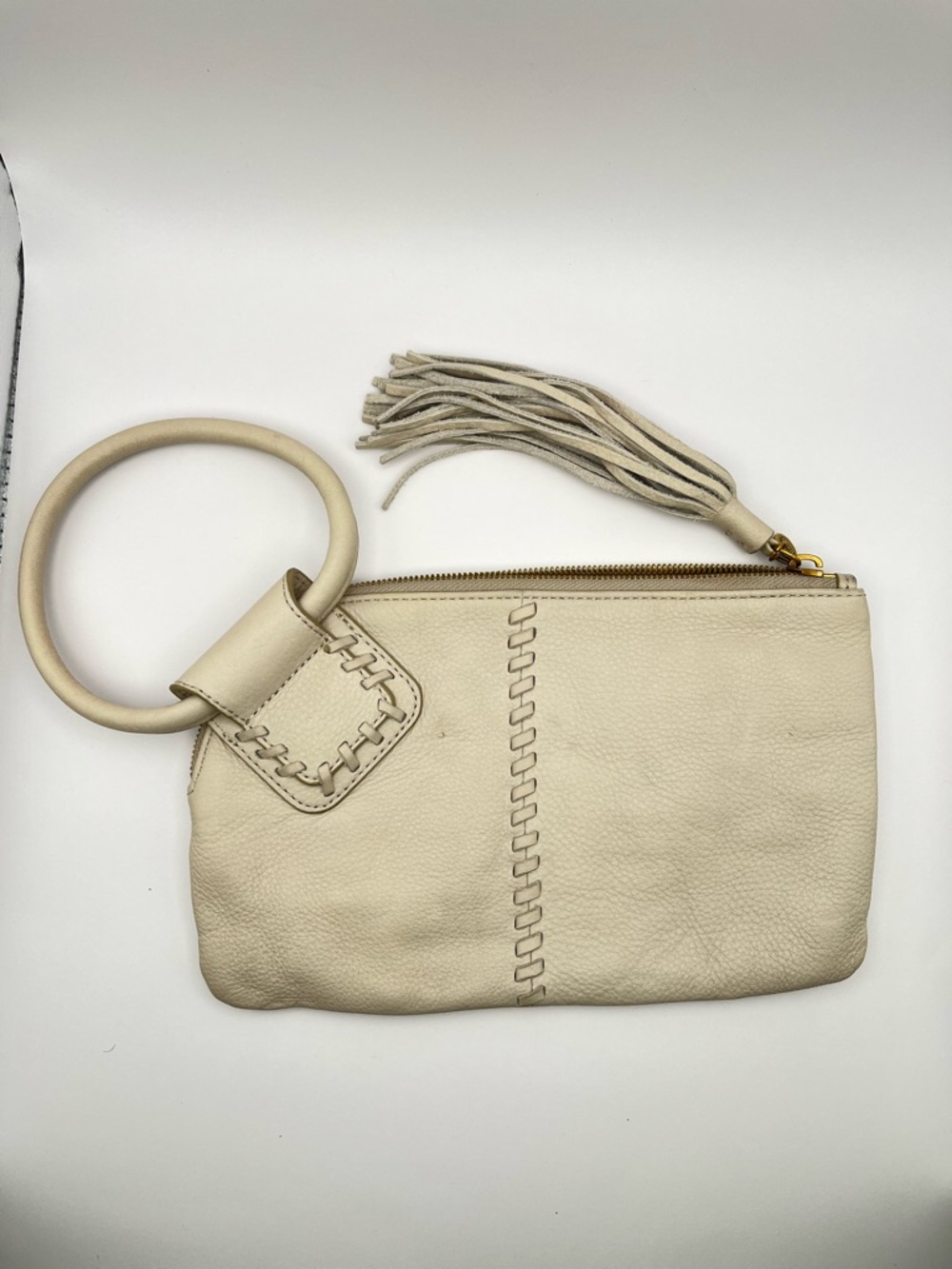 HOBO brand Women's Cream Leather Wristlet Clutch with Tassel